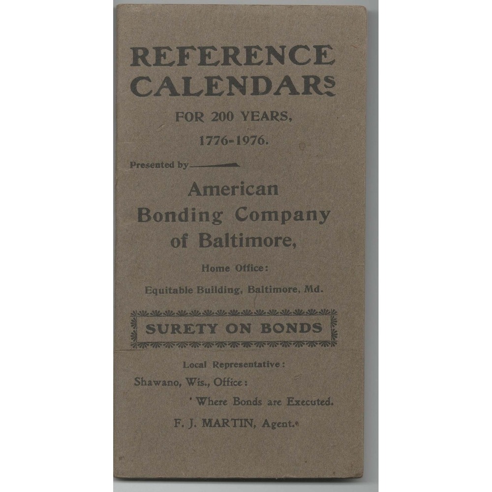 Vintage 1894 Reference Calendars 1776-1976 American Bonding Co Baltimore Booklet - Picture 1 of 3